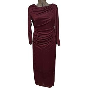 R&M Richards Burgundy Long Sleeve Ruched Sparkle Evening Gown Formal Dress 12